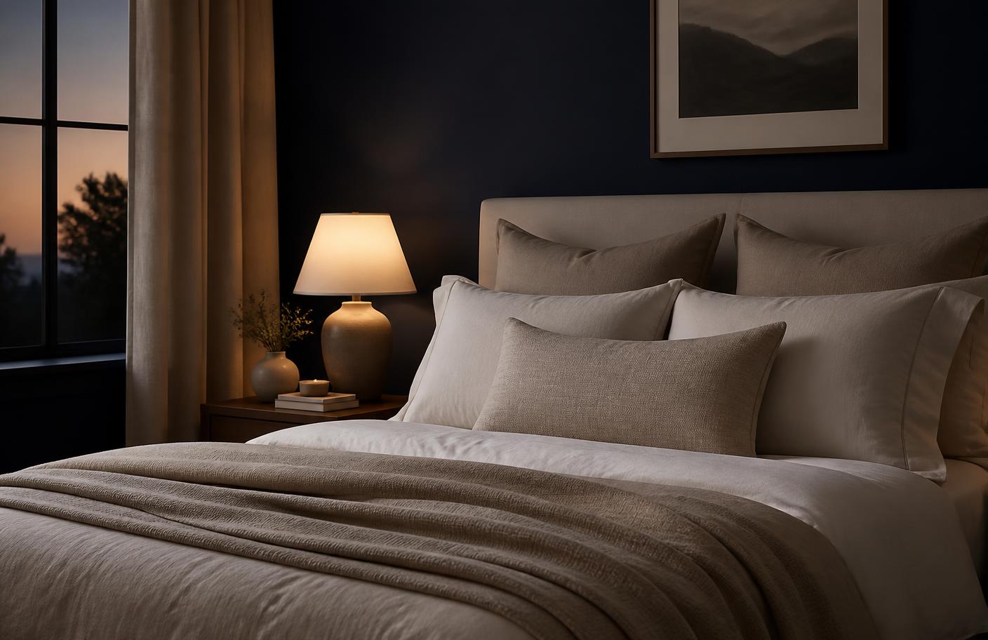 Layered ivory and beige bedding with stacked pillows in a dim evening bedroom