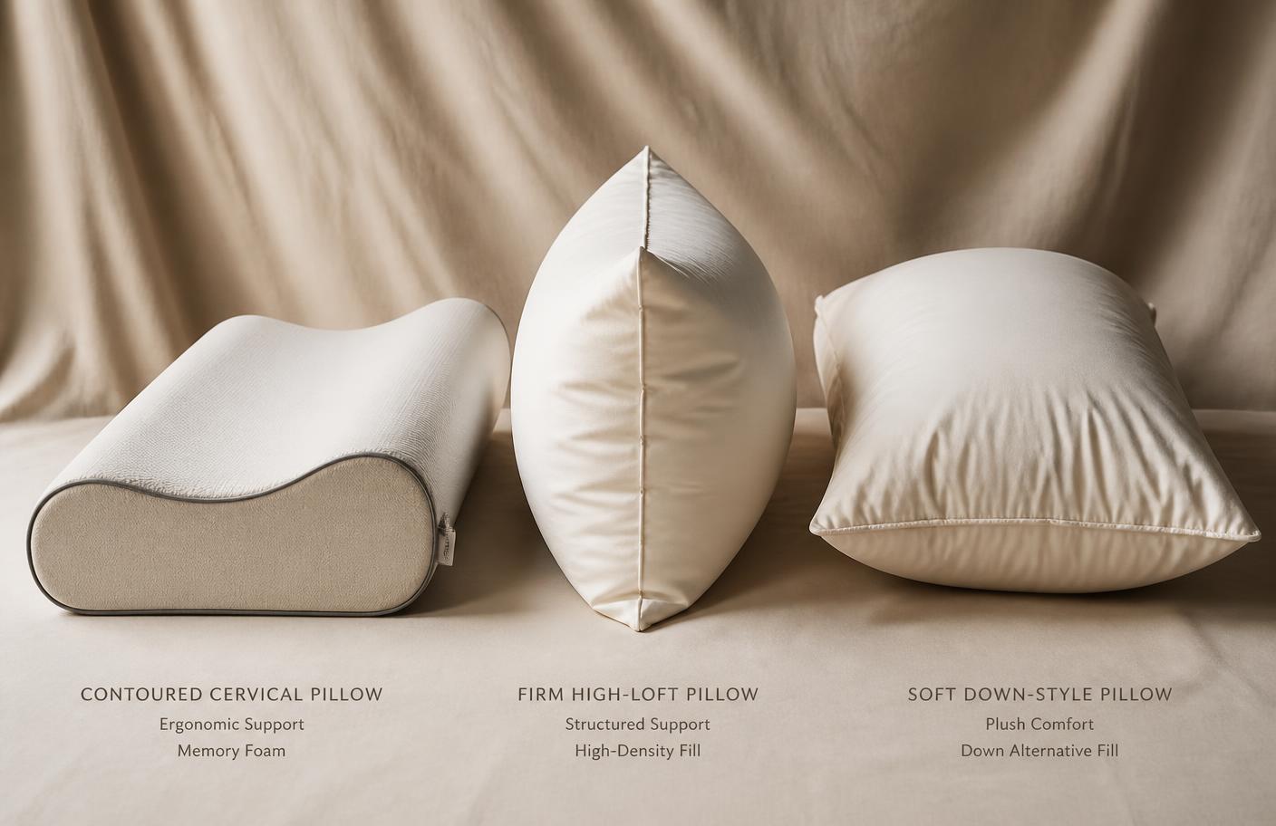 Three pillow types side by side: contoured cervical foam, firm high-loft and soft down-style